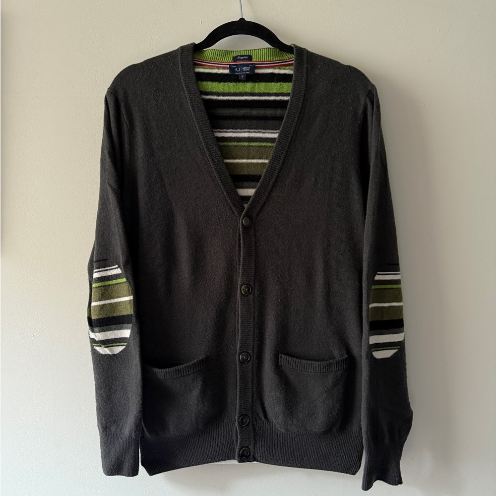 Men’s Cardigan Sweater by ARMANI JEANS in Deep Green. Slim fit.